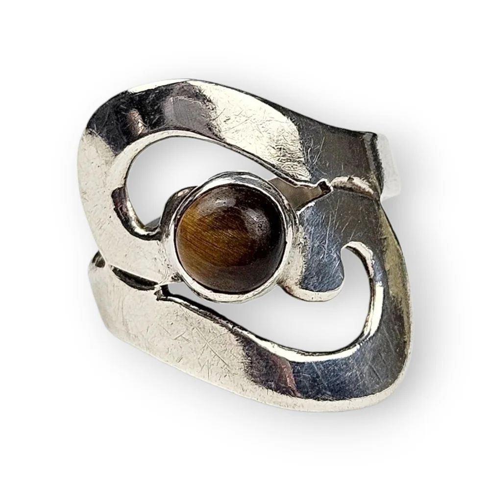 Taxco Modernist Sterling Bypass Ring Tigers Eye Wide Swirl Vtg 925 Silver 8.5
